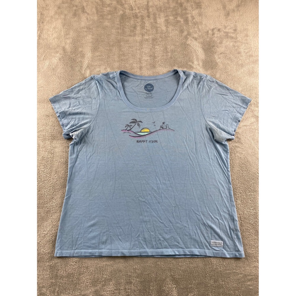 Life is Good Crusher Tee Womens XL Blue Happy Hour Beach Sunset Graphic T-Shirt